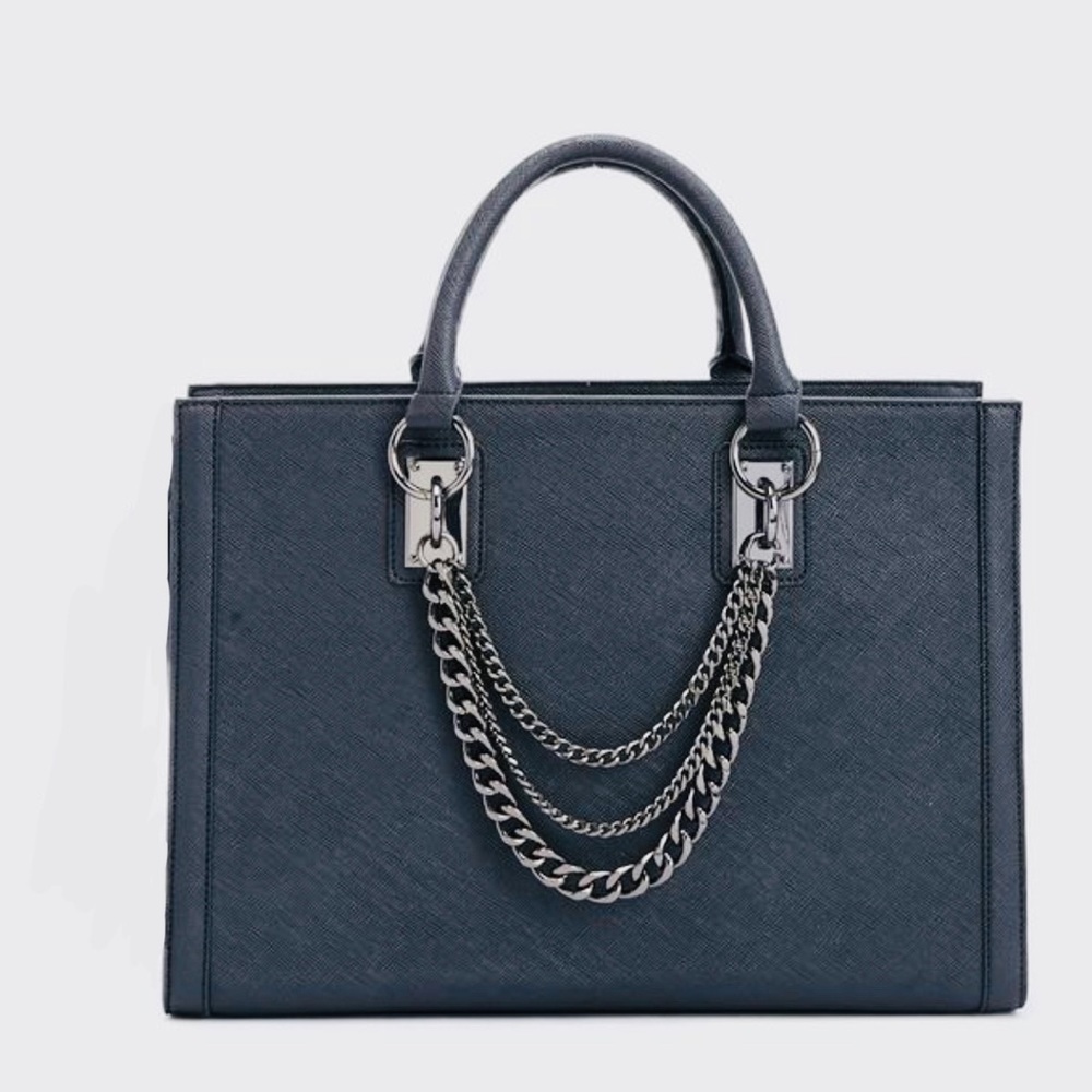 JustFab Black Chain Strap Handbag - Gunmetal - Faux Leather Purse - EUC